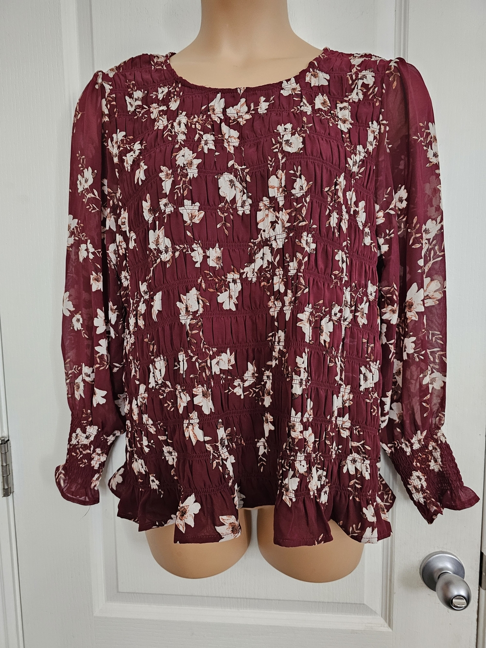 Maurices 1x Burgundy Floral Smocked Long-Sleeve Blouse